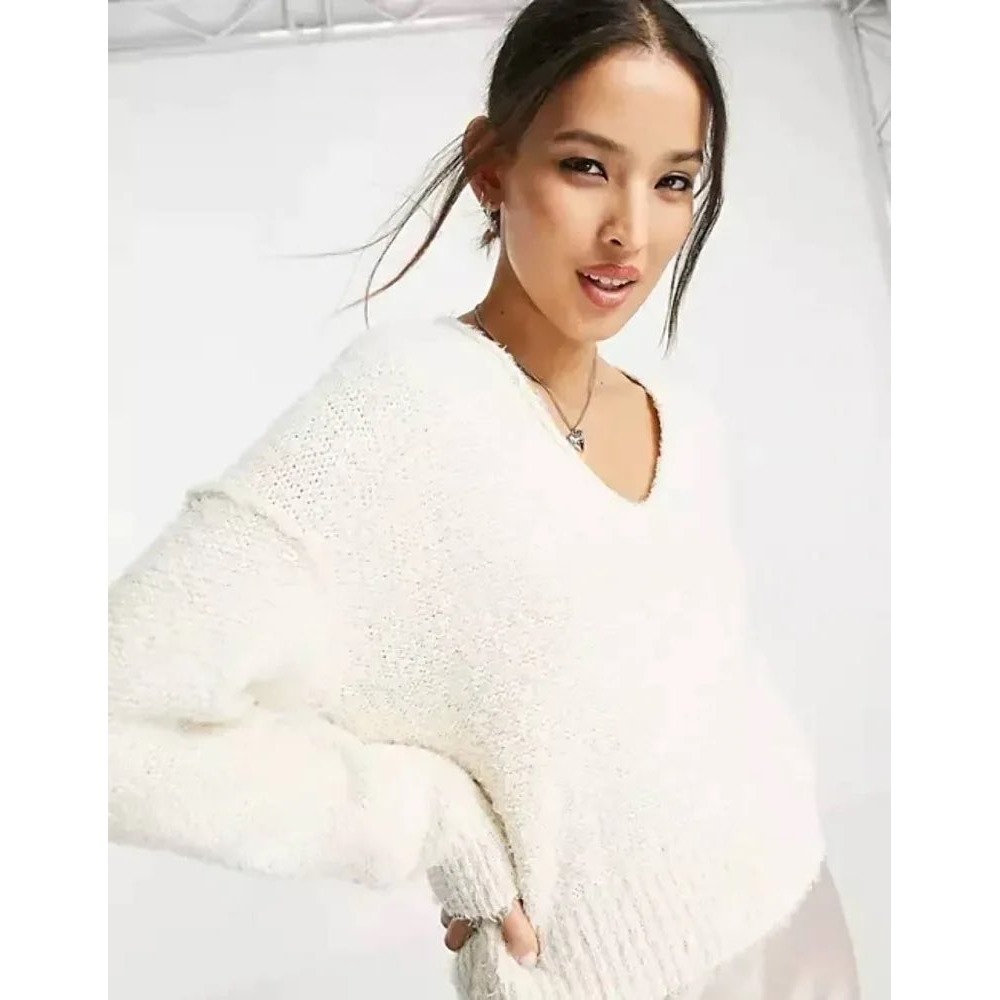 We The Free Free People Theo V Neck Sweater Cream Textured Knit XL OB1368374